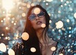 Glamorous Woman in Sequined Attire, stylish woman dazzles in sparkling water-like sequins, her enigmatic gaze peering through oversized sunglasses, exuding chic elegance amid a bokeh of lights.