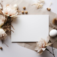 Sticker - blank card with flowers on wooden background