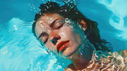 beautiful woman is swimming , diving and floating in the clear blue pool water 