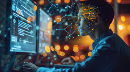 MAN IS WORKING ON DESKTOP technology background  illustration IN  vector FOR business, computer backgrounds Concept OF internet data, APP interface