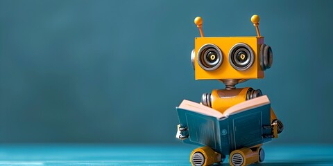 Poster - a whimsical robot character engrossed in reading a book blending the world of technology with the pursuit of knowledge