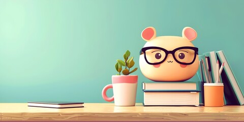 Poster - A Studious Character Fueling Creativity with Coffee and Books on a Cozy Desk Workspace