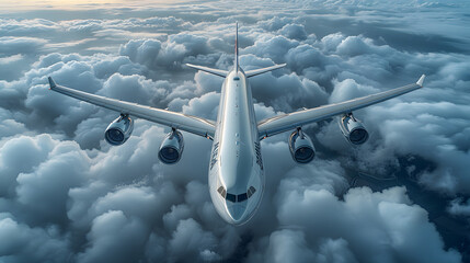overhead view of a commercial airliner in flight above the clouds, with a view of earth's landscape 