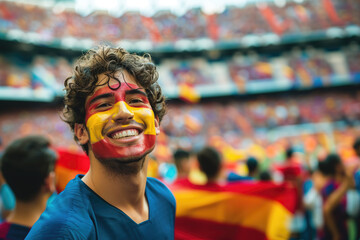 Wall Mural - Spanish soccer fan man with national flag of spanish painted on his face.. Celebrating crowd in a stadium. Cheering during a match in stadium