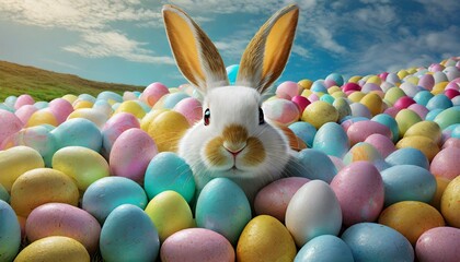 Canvas Print - An Easter bunny with his head poking out of a huge amount of Easter eggs.
