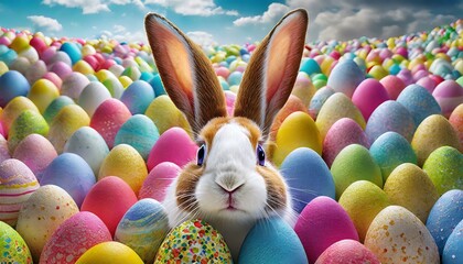 Canvas Print - An Easter bunny with his head poking out of a huge amount of Easter eggs.
