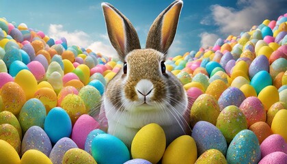 Canvas Print - An Easter bunny with his head poking out of a huge amount of Easter eggs.
