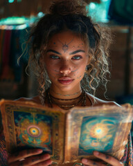 Vertical poster. White gypsy girl with mystical metaphorical tarot card. Beautiful young tanned spanish woman with long curly hair, tattoo on face sits in ethnic clothing looks at camera. Fate, magic