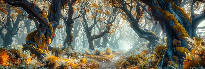 Wall Mural - Autumn Whisper: A Path Through the Mystical Forest, Where the Magic of Fall Transforms the Landscape into a Dream