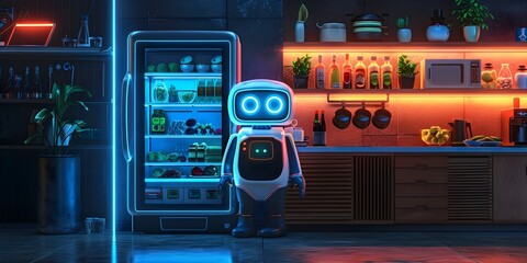 Poster - Smart Refrigerator Monitoring Household Groceries and Automating Home Management in Futuristic Neon Lit Kitchen