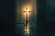 Divine light bathes wooden cross, stark simplicity, powerful Christ symbol, ethereal atmosphere