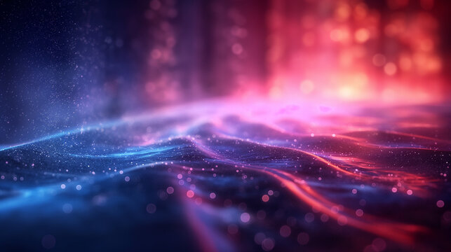 Wave of dots connected by the lines and modern city in the bokeh. Infinity nets at blue abstract background. Digital technology. Metaverse, Cyberspace, Internet network connection.	