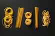 Italian dry pasta collection with spaghetti, penne, linguine and tagliatelle, food typography concept