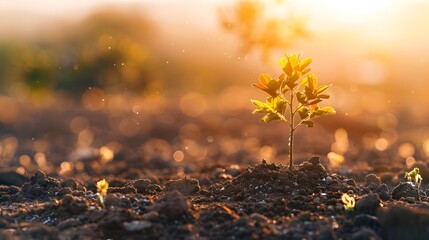 Poster - A small fragile seedling emerges from the soil its tender leaves reaching towards the sky as brilliant golden rays