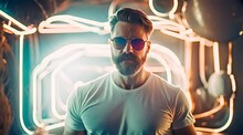 Neon Light Studio Close-up Portrait Of Serious Man Model With Mustaches And Beard In Sunglasses And White T-shirt