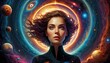Woman amidst vibrant cosmic scenery, planets orbiting nearby. Represents intersection of humanity and infinite universe. Ideal for themes of exploration, mystery.