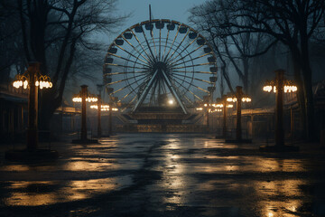 Sticker - A spooky abandoned carnival with rusted rides made with generative AI