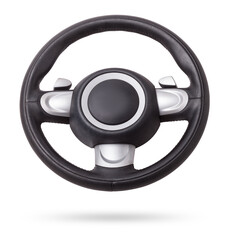 Poster - Steering wheel for car and truck isolated on white background. Automobile vehicle part or equipment. Round modern style consist of black leather and aluminum. For driver to driving control and tuning.