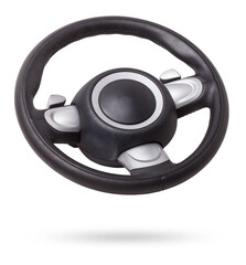 Poster - Steering wheel for car and truck isolated on white background. Automobile vehicle part or equipment. Round modern style consist of black leather and aluminum. For driver to driving control and tuning.