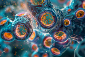 Intricate 3D rendering of cell division process showing detailed mitosis stages in a medical concept.