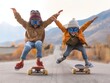 Photo of two children playing on skateboards, wearing pilot hats and goggles with their arms outstretched in the air, excitedly flying over the asphalt.