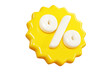 Yellow starburst sticker with percent sign floating in air. 3D render illustration