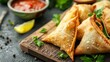 Fried samosas with vegetable filling snacks on wooden board