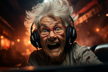 Poster - generative ai image of funny gamer in headphones and playing online game on pc computer