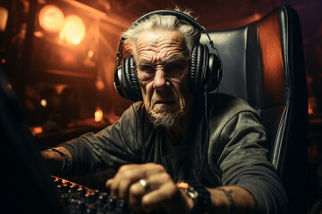 Poster - generative ai image of funny gamer in headphones and playing online game on pc computer