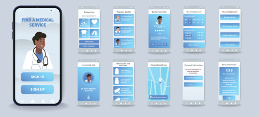 Poster - Concept of medicine app interface in flat design. Blue color scheme, convenient interface, selection of doctors, rating system, video call to the doctor. Vector Illustration.