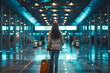 a woman In a jacket with a suitcase at a modern airport, trip, travel, vacation concept.