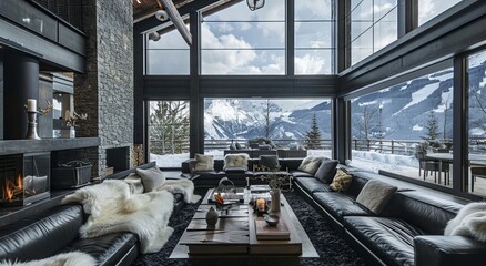 Wall Mural - A large living room with black leather sofas, white fur throw pillows and a coffee table in front of the fireplace, floor-to-ceiling windows overlooking snow capped mountains outside