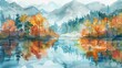 Serene mountain landscape with a tranquil lake reflecting the colorful autumn foliage, watercolor painting