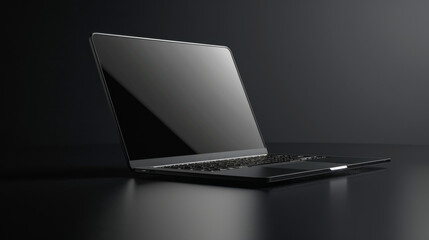 Black laptop on a dark clean table with a reflective surface