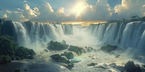 Wall Mural - panoramic landscape with view of the large waterfall
