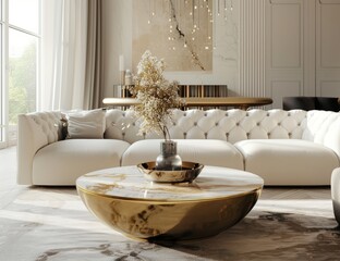 Canvas Print - A large round coffee table made of brass in the center, a white sofa with buttons on it behind