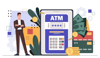 Poster - man with atm in smartphone. banking mobilw application. cashless transfers and transactions. electro