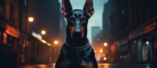 Wall Mural - In a dark city street at night, an electric blue Doberman, reminiscent of a fictional character from an action film, sits gracefully, resembling a work of art