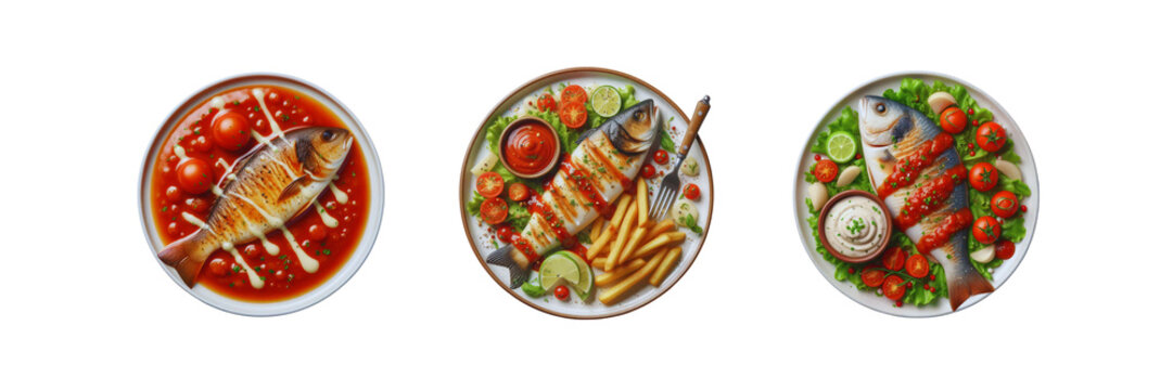 set of bar b q fish fries with sauce on a plates, illustration, isolated over on transparent white b