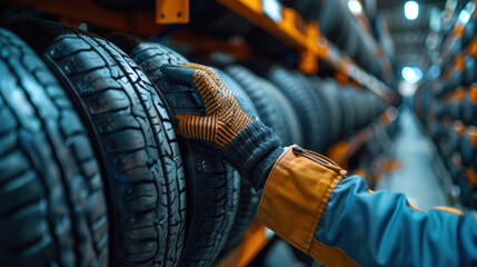 Wall Mural - A tire changer's hands are shown in a large warehouse filled with customer car tires on racks, depicting a tire dealer's warehouse scene.