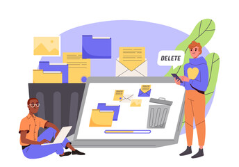 Poster - deleting files on computer concept. men near laptop and pc. electronic storage and archive with docu