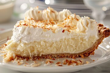 A delicious slice of coconut cream pie topped with whipped cream and toasted coconut flakes, served on an elegant plate.