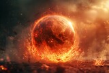Fototapeta  - Red golfball-looking orb exploding with a sphere of raging fire.