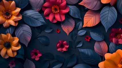 Wall Mural - A colorful flowery background with a blue sky in the background. The flowers are in various colors and sizes, and the leaves are also in different shades of blue and orange