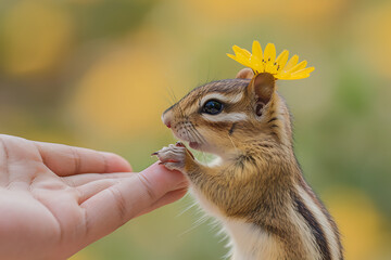 a chipmunk with a yellow flower on their head is bein ca662f4c-80ba-4870-917e-a5bebdbd15b6 3