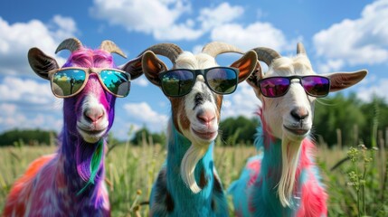 Wall Mural - colorful goats with sunglasses generative ai