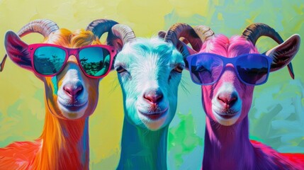 Wall Mural - colorful goats with sunglasses generative ai