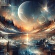 Abstract textured planets, stars and celestial bodies with an intricate cityscape below bathed in the warm glow of a distant sun