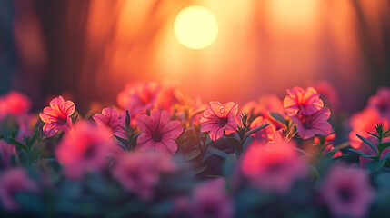 Wall Mural - Flowerbed with blooming pink petunias in the park in sunset light. Floral banner.