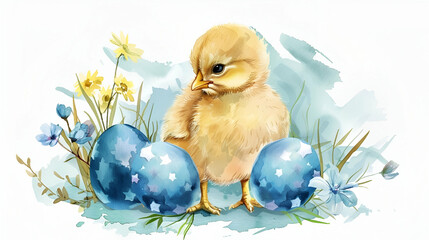 Sticker - watercolor card with chicken and blue Easter eggs